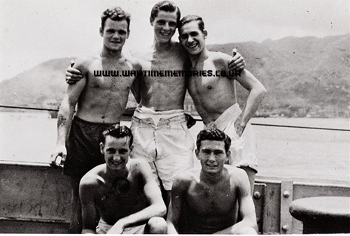 Brum, Andy, Soapy, Charlie and a fellow crew member on the Bonaventure in Hong Kong 1946